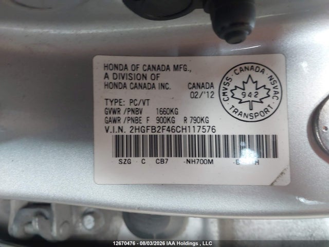 Продажа на аукционе авто 2012 Honda Civic Lx, vin: 2HGFB2F46CH117576, номер лота: 12670476