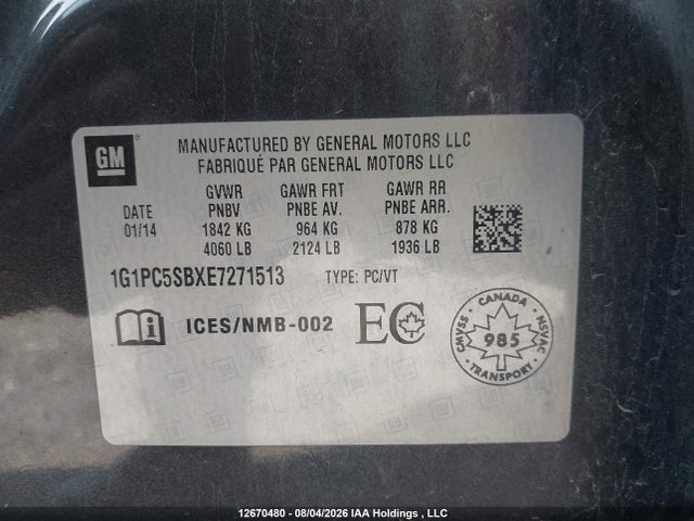 Продаж на аукціоні авто 2014 Chevrolet Cruze Limited, vin: 1G1PC5SBXE7271513, номер лоту: 12670480
