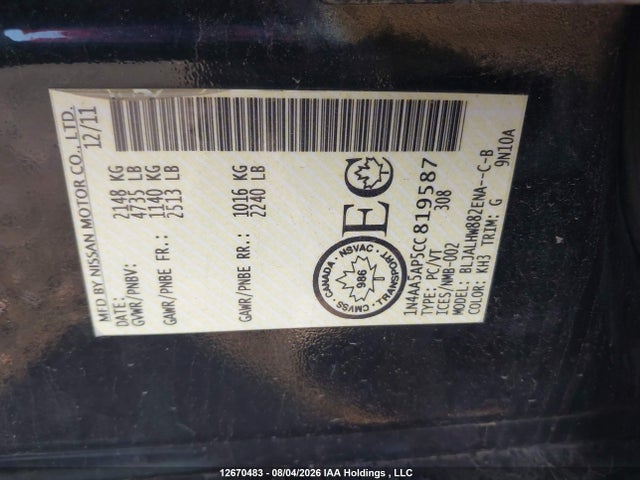 Aukcja sprzedaży 2012 Nissan Maxima S/sv, vin: 1N4AA5AP5CC819587, numer aukcji: 12670483