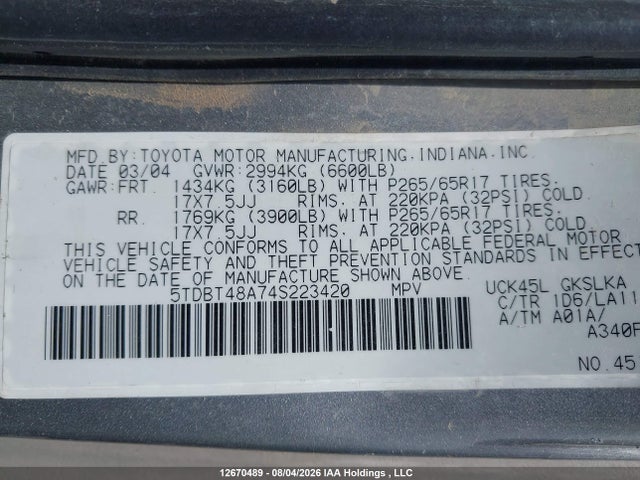 Aukcja sprzedaży 2004 Toyota Sequoia Limited, vin: 5TDBT48A74S223420, numer aukcji: 12670489
