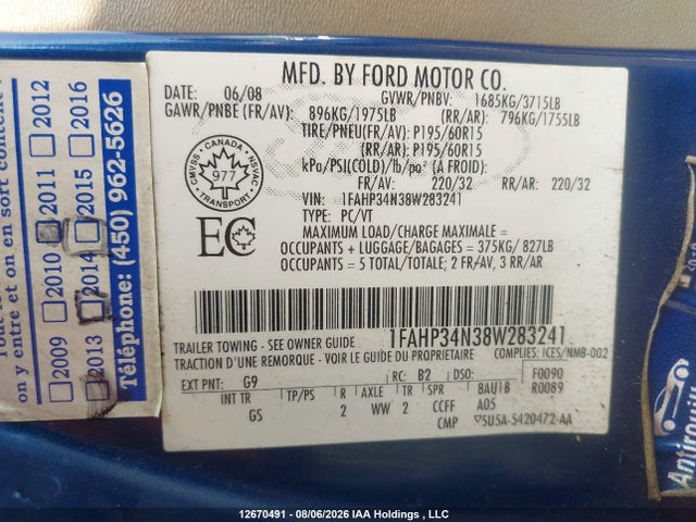 2008 Ford Focus მანქანა იყიდება აუქციონზე, vin: 1FAHP34N38W283241, აუქციონის ნომერი: 12670491