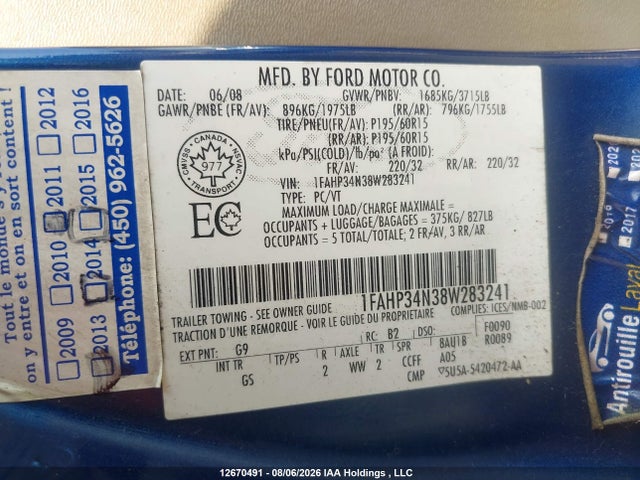 2008 Ford Focus მანქანა იყიდება აუქციონზე, vin: 1FAHP34N38W283241, აუქციონის ნომერი: 12670491