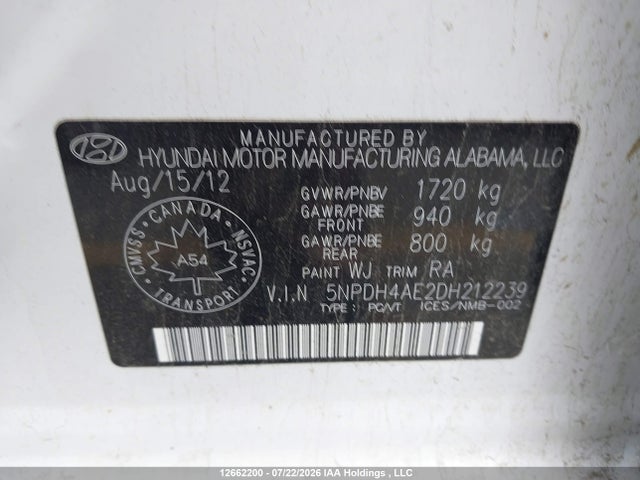 Aukcja sprzedaży 2013 Hyundai Elantra Gl, vin: 5NPDH4AE2DH212239, numer aukcji: 12662200