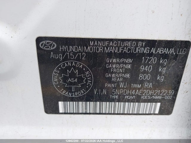 Aukcja sprzedaży 2013 Hyundai Elantra Gl, vin: 5NPDH4AE2DH212239, numer aukcji: 12662200