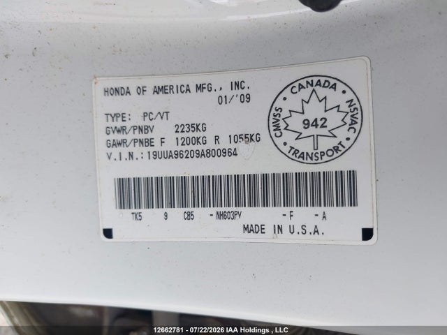 12662781 :رقم المزاد ، 19UUA96209A800964 vin ، 2009 Acura Tl مزاد بيع
