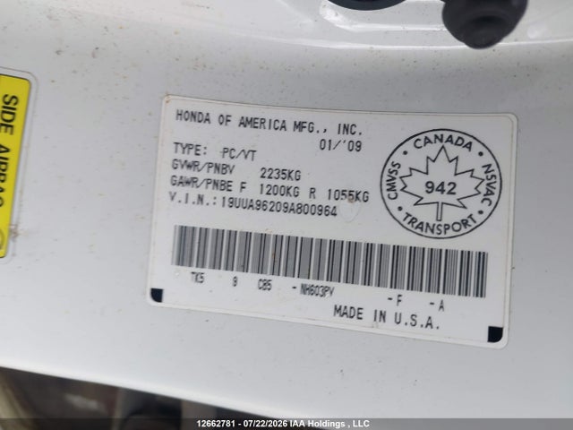 12662781 :رقم المزاد ، 19UUA96209A800964 vin ، 2009 Acura Tl مزاد بيع