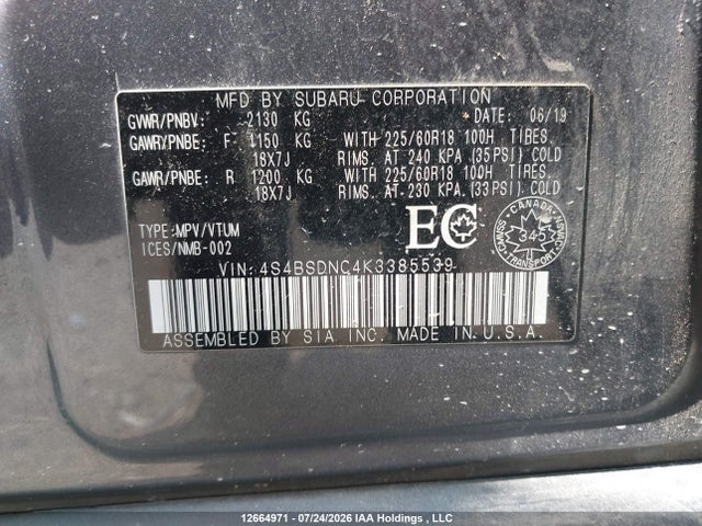 2019 Subaru Outback 2.5i Limited მანქანა იყიდება აუქციონზე, vin: 4S4BSDNC4K3385539, აუქციონის ნომერი: 12664971