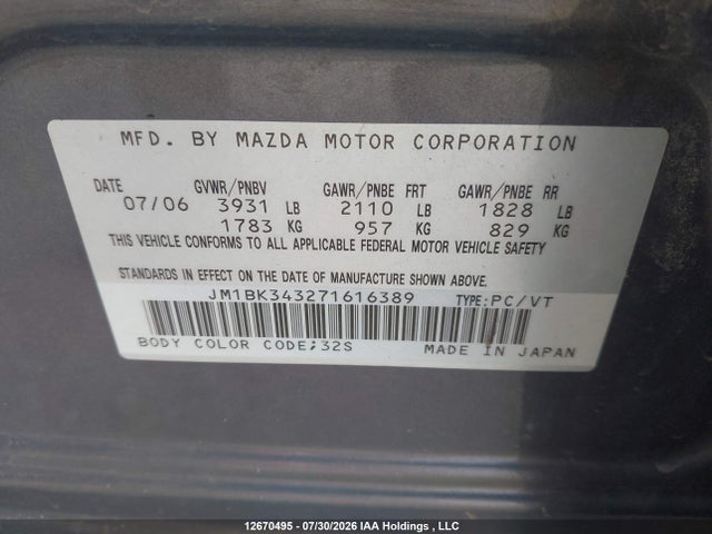 Aukcja sprzedaży 2007 Mazda 3 Hatchback, vin: JM1BK343271616389, numer aukcji: 12670495