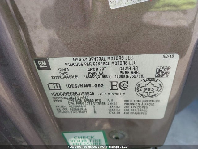 Aukcja sprzedaży 2011 Gmc Acadia Sle, vin: 1GKKVNED5BJ156040, numer aukcji: 12670498