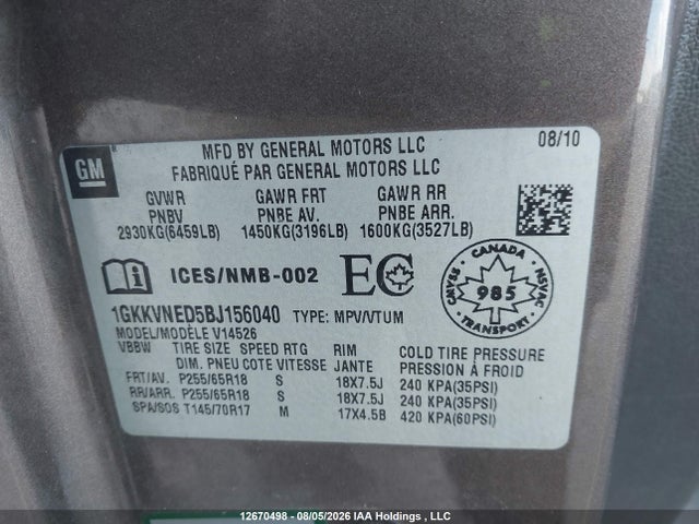 Aukcja sprzedaży 2011 Gmc Acadia Sle, vin: 1GKKVNED5BJ156040, numer aukcji: 12670498