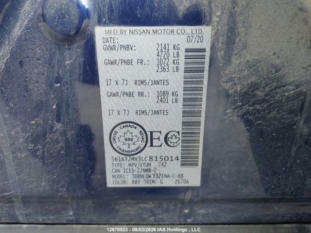 2020 Nissan Rogue S/sl/sv მანქანა იყიდება აუქციონზე, vin: 5N1AT2MV3LC815014, აუქციონის ნომერი: 12670523