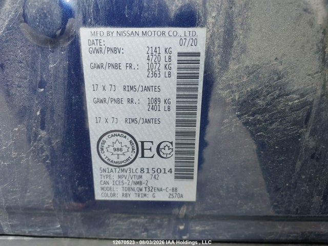 2020 Nissan Rogue S/sl/sv მანქანა იყიდება აუქციონზე, vin: 5N1AT2MV3LC815014, აუქციონის ნომერი: 12670523