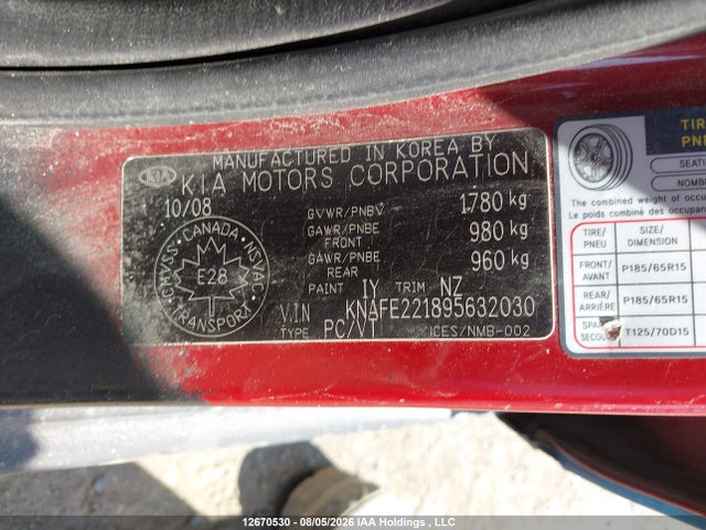 Продажа на аукционе авто 2009 Kia Spectra Ex/lx/sx, vin: KNAFE221895632030, номер лота: 12670530