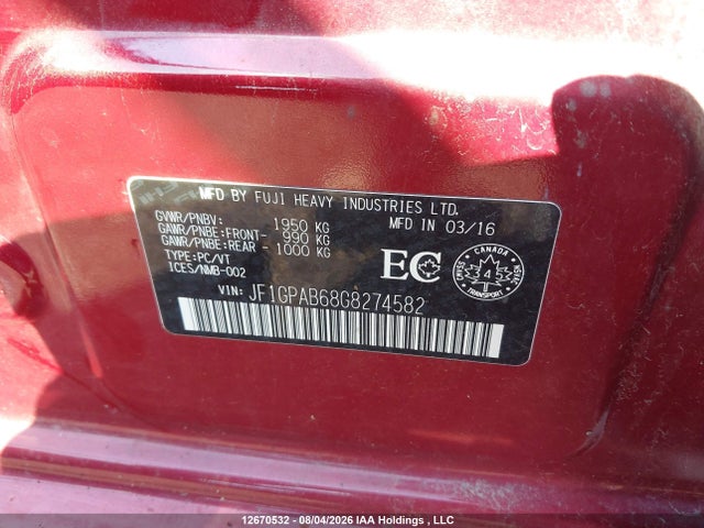 12670532 :رقم المزاد ، JF1GPAB68G8274582 vin ، 2016 Subaru Impreza مزاد بيع