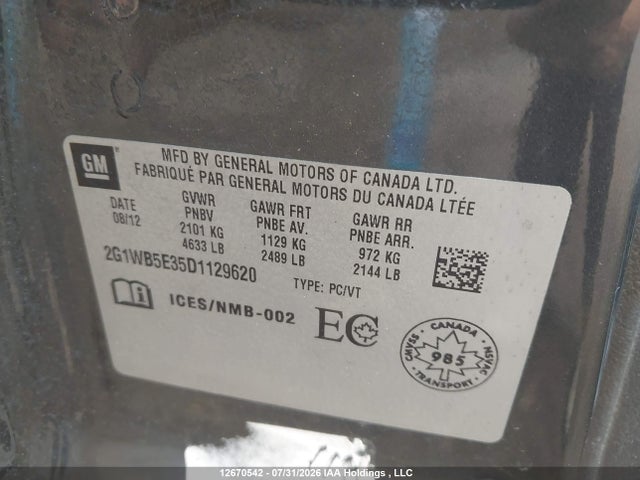 2013 Chevrolet Impala Lt მანქანა იყიდება აუქციონზე, vin: 2G1WB5E35D1129620, აუქციონის ნომერი: 12670542
