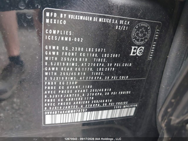 12670543 :رقم المزاد ، 3VV4B7AX4MM079757 vin ، 2021 Volkswagen Tiguan Highline مزاد بيع