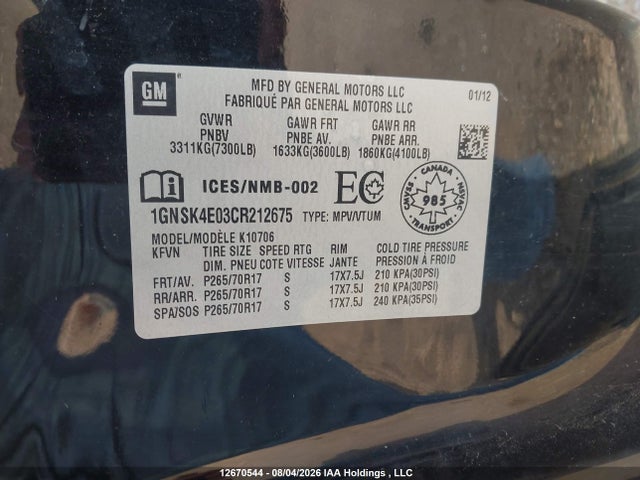 12670544 :رقم المزاد ، 1GNSK4E03CR212675 vin ، 2012 Chevrolet Tahoe Commercial مزاد بيع