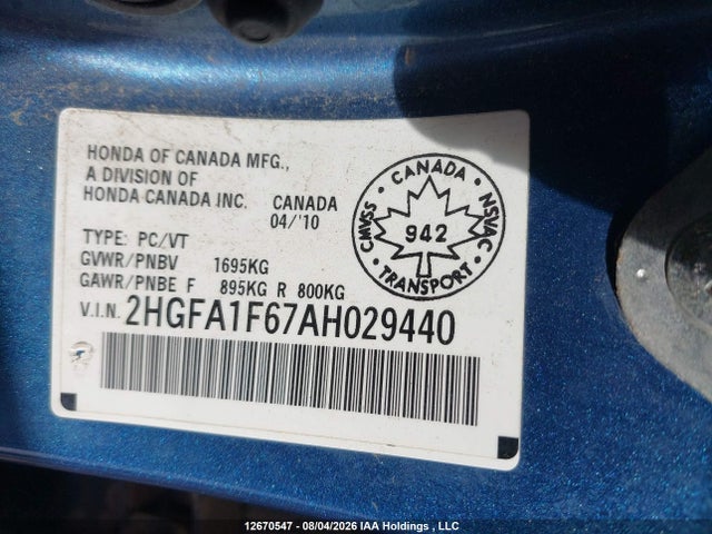 2010 Honda Civic Sport მანქანა იყიდება აუქციონზე, vin: 2HGFA1F67AH029440, აუქციონის ნომერი: 12670547