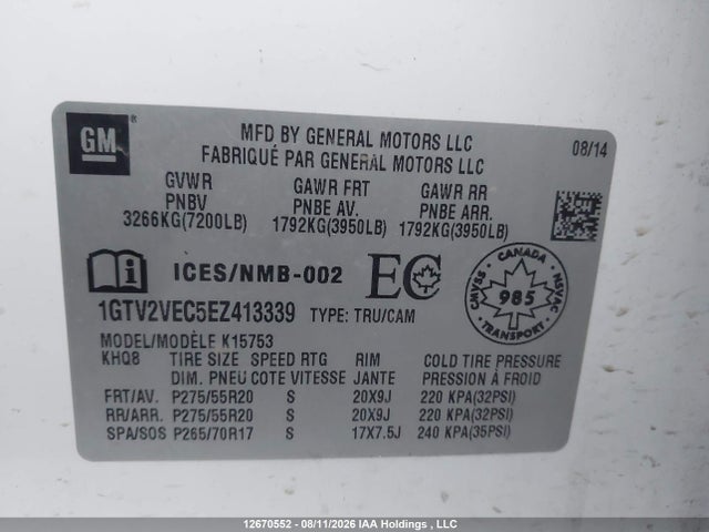 2014 Gmc Sierra K1500 Slt მანქანა იყიდება აუქციონზე, vin: 1GTV2VEC5EZ413339, აუქციონის ნომერი: 12670552