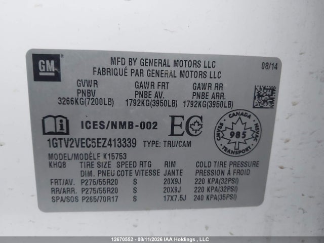 2014 Gmc Sierra K1500 Slt მანქანა იყიდება აუქციონზე, vin: 1GTV2VEC5EZ413339, აუქციონის ნომერი: 12670552