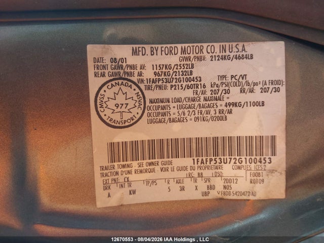 Продажа на аукционе авто 2002 Ford Taurus Se, vin: 1FAFP53U72G100453, номер лота: 12670553