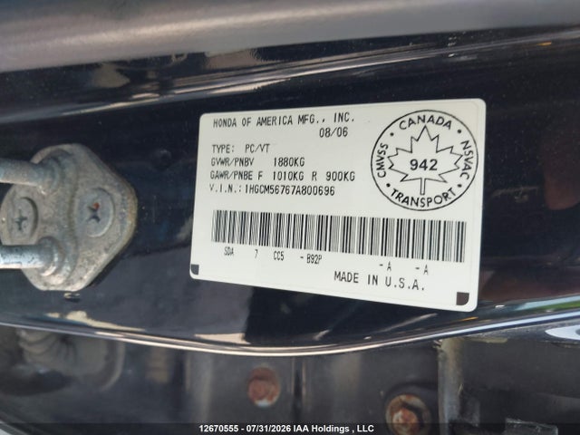 12670555 :رقم المزاد ، 1HJCM56767A800696 vin ، 2007 Honda Accord مزاد بيع