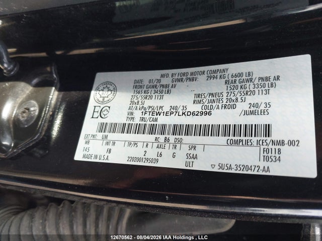Продаж на аукціоні авто 2020 Ford F150 Supercrew, vin: 1FTEW1EP7LKD62996, номер лоту: 12670562