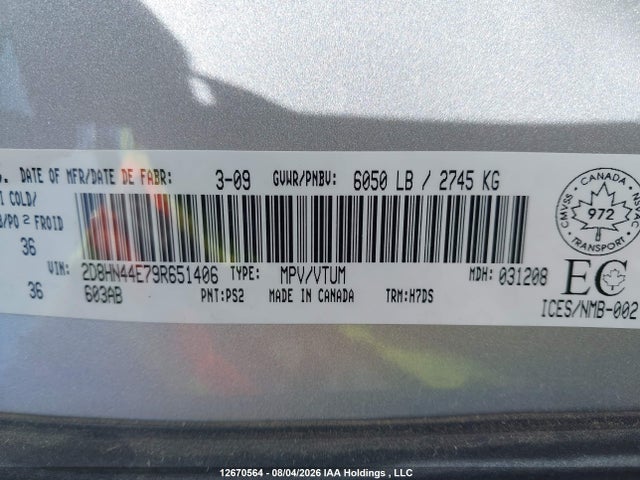 12670564 :رقم المزاد ، 2D8HN44E79R651406 vin ، 2009 Dodge Grand Caravan Se مزاد بيع