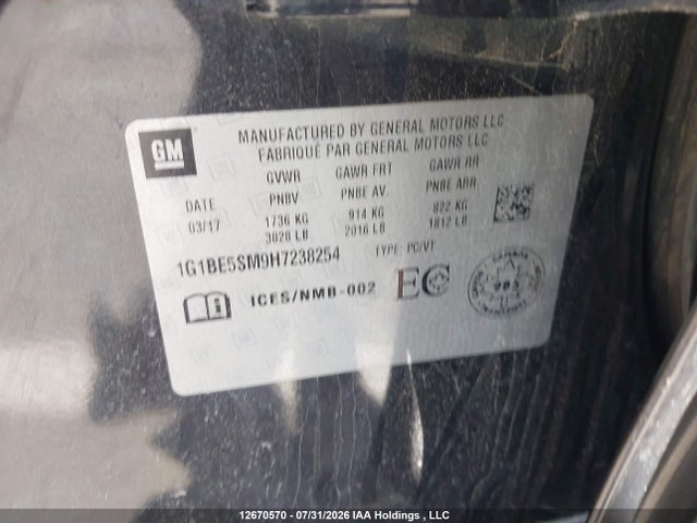 2017 Chevrolet Cruze Lt მანქანა იყიდება აუქციონზე, vin: 1G1BE5SM9H7238254, აუქციონის ნომერი: 12670570