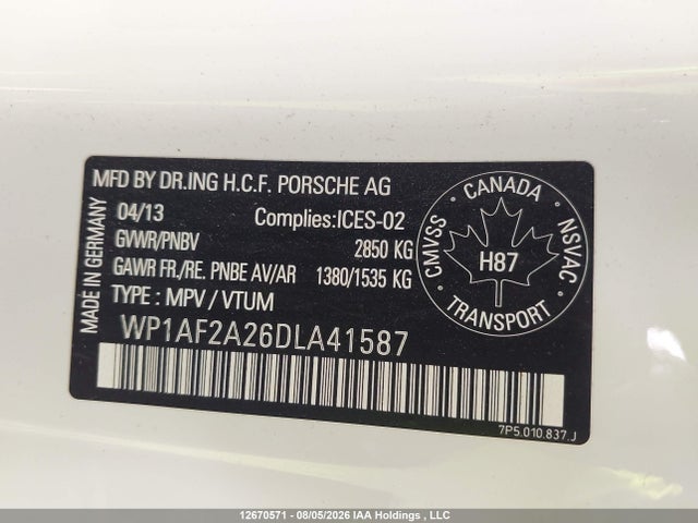 12670571 :رقم المزاد ، WP1AF2A26DLA41587 vin ، 2013 Porsche Cayenne مزاد بيع