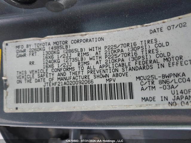 Продаж на аукціоні авто 2002 Toyota Highlander Limited V6, vin: JTEHF21A020092066, номер лоту: 12670583