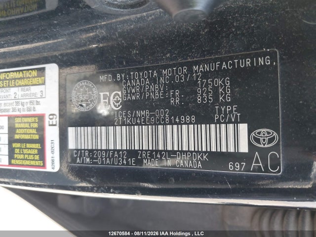 2012 Toyota Matrix მანქანა იყიდება აუქციონზე, vin: 2T1KU4EE9CC814988, აუქციონის ნომერი: 12670584