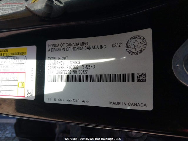 Продажа на аукционе авто 2022 Honda Civic Lx, vin: 2HGFE2F21NH109622, номер лота: 12670585