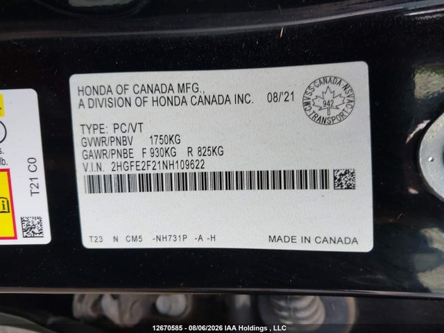 Продажа на аукционе авто 2022 Honda Civic Lx, vin: 2HGFE2F21NH109622, номер лота: 12670585