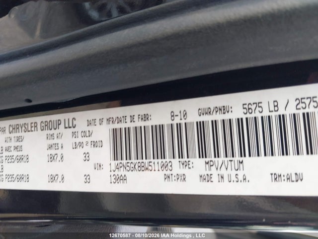 Продажа на аукционе авто 2011 Jeep Liberty Limited Edition, vin: 1J4PN5GK8BW511003, номер лота: 12670587
