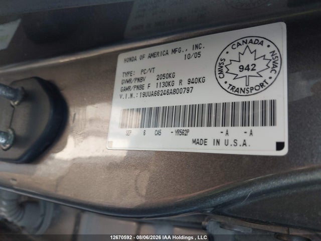 Aukcja sprzedaży 2006 Acura 3.2tl, vin: 19UUA66246A800797, numer aukcji: 12670592