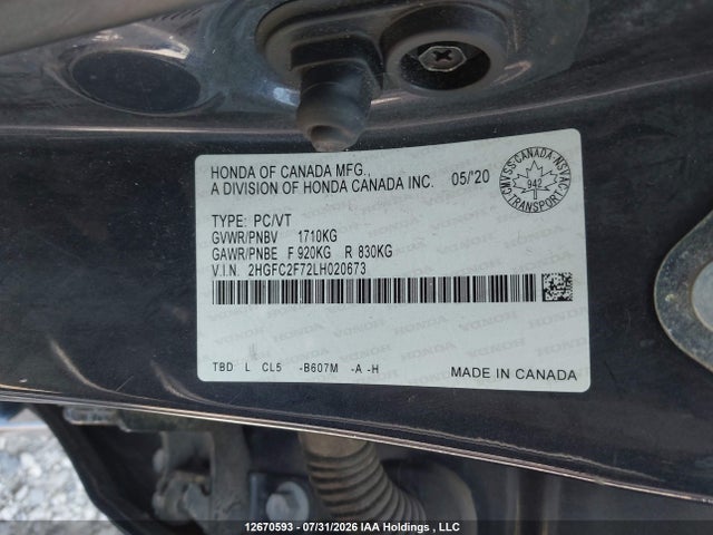 12670593 :رقم المزاد ، 2HGFC2F72LH020673 vin ، 2020 Honda Civic Ex 4dr مزاد بيع