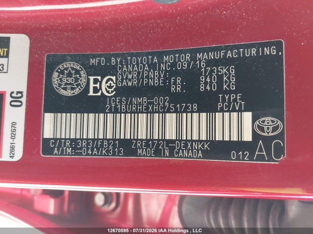 Aukcja sprzedaży 2017 Toyota Corolla L/le/xle/se/xse, vin: 2T1BURHEXHC751738, numer aukcji: 12670595