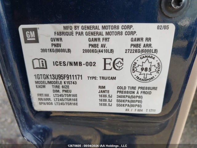 12670605 :رقم المزاد ، 1GTGK13U95F911171 vin ، 2005 Gmc Sierra K1500 Heavy Duty مزاد بيع