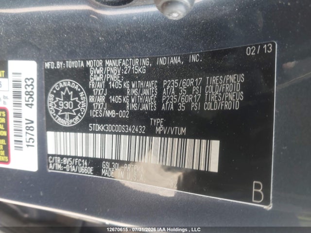 12670615 :رقم المزاد ، 5TDKK3DC0DS342432 vin ، 2013 Toyota Sienna Le مزاد بيع