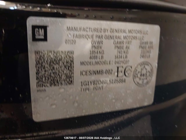 1G1Y82D40L5105884 Chevrolet Corvette Stingray 3lt