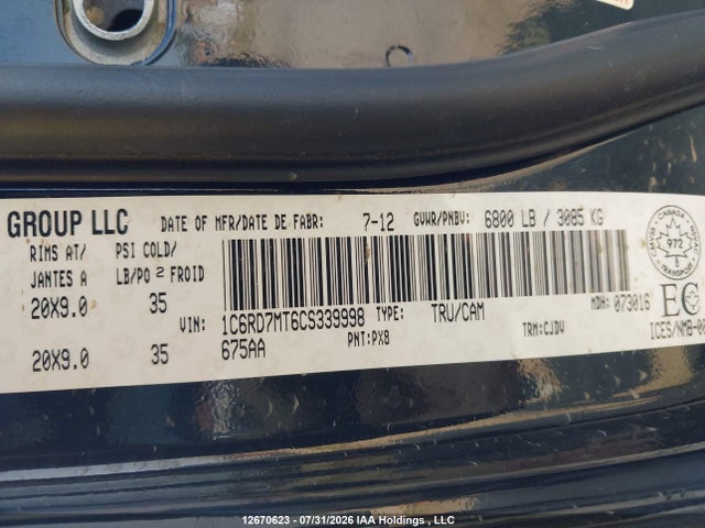 12670623 :رقم المزاد ، 1C6RD7MT6CS339998 vin ، 2012 Ram 1500 Sport مزاد بيع