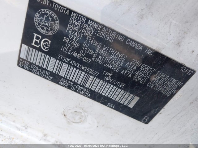 Aukcja sprzedaży 2012 Toyota Rav4 Limited, vin: 2T3DF4DVXCW269622, numer aukcji: 12670629