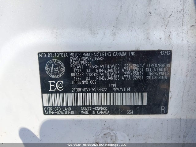 Aukcja sprzedaży 2012 Toyota Rav4 Limited, vin: 2T3DF4DVXCW269622, numer aukcji: 12670629