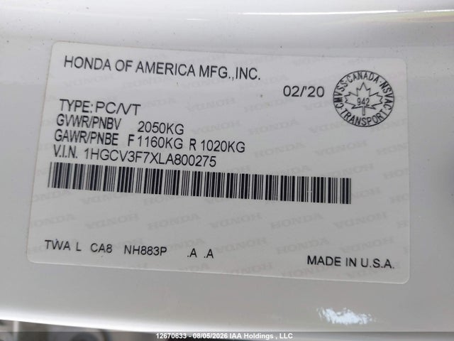 Продажа на аукционе авто 2020 Honda Accord Hybrid, vin: 1HGCV3F7XLA800275, номер лота: 12670633