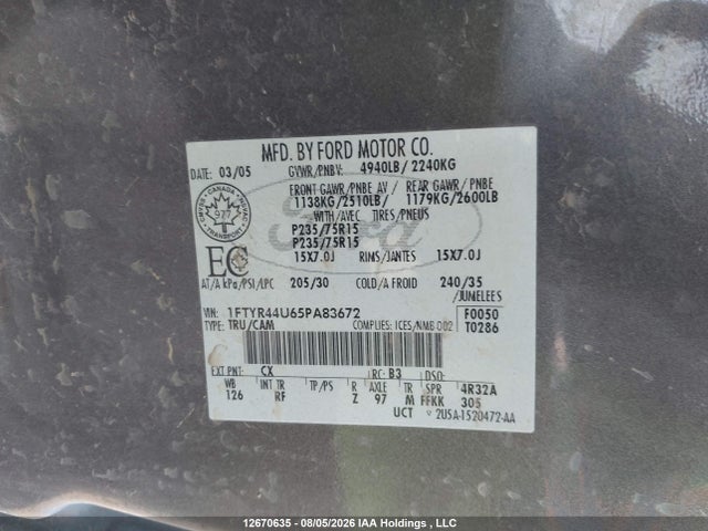 Auction sale of the 2005 Ford Ranger Edge/stx/xlt, vin: 1FTYR44U65PA83672, lot number: 12670635