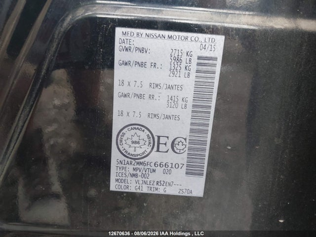 Продажа на аукционе авто 2015 Nissan Pathfinder Platinum/s/sl/sv, vin: 5N1AR2MM6FC666107, номер лота: 12670636