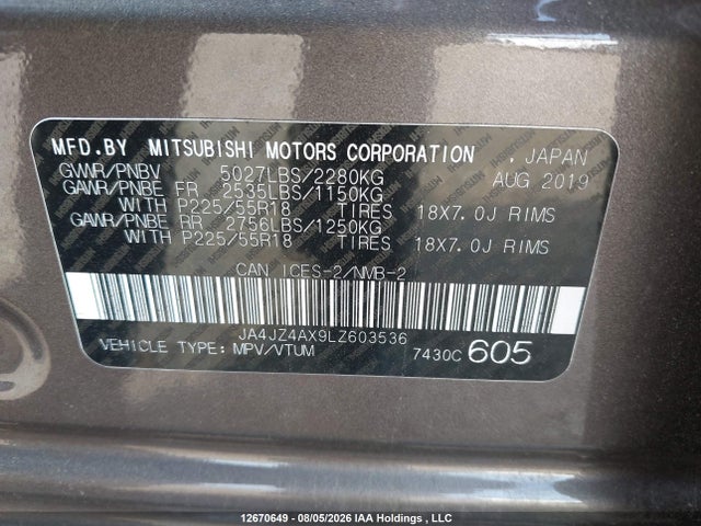 Продаж на аукціоні авто 2020 Mitsubishi Outlander Gt, vin: JA4JZ4AX9LZ603536, номер лоту: 12670649
