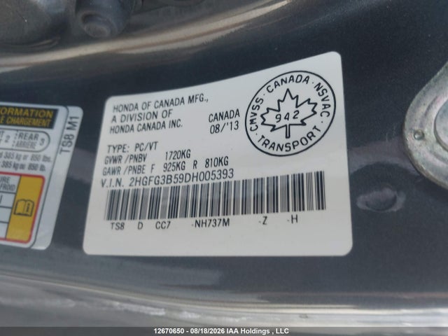 Продаж на аукціоні авто 2013 Honda Civic Lx, vin: 2HGFG3B59DH005393, номер лоту: 12670650