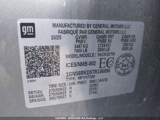 Aukcja sprzedaży 2026 Chevrolet Tahoe K1500 Rst, vin: 1GNS6RKD5TR146896, numer aukcji: 12670654
